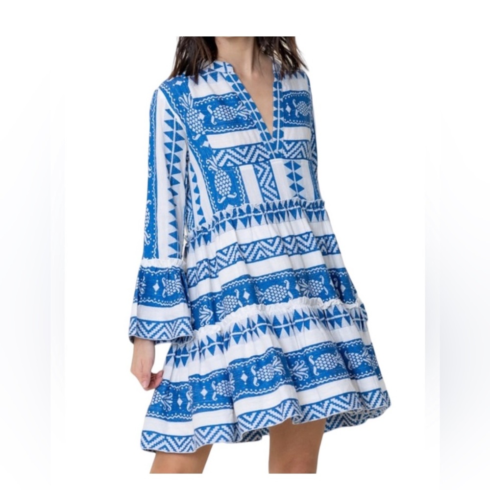 New embroidered En Creme dress blue white long sleeve made in India karisfashion